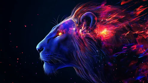 Neon spectral lion profile with particle-stream mane dynamics.