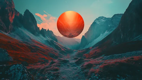 Glowing orb hovers over surreal neon mountain valley.