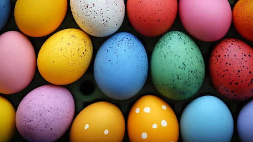 Vibrant dyed eggs arranged in a tight, top-down grid composition