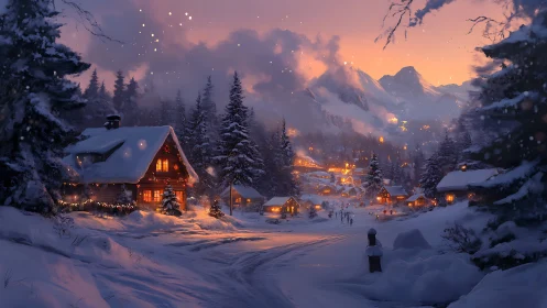 Snowlit mountain village glowing under ember-kissed dusk.