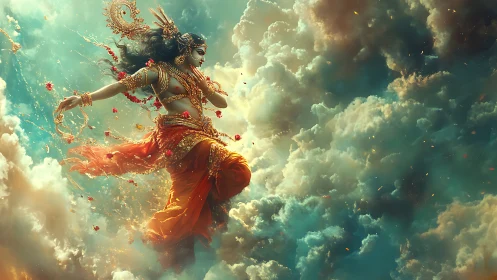 Divine aerial dancer in ornate attire moves dynamically through clouds