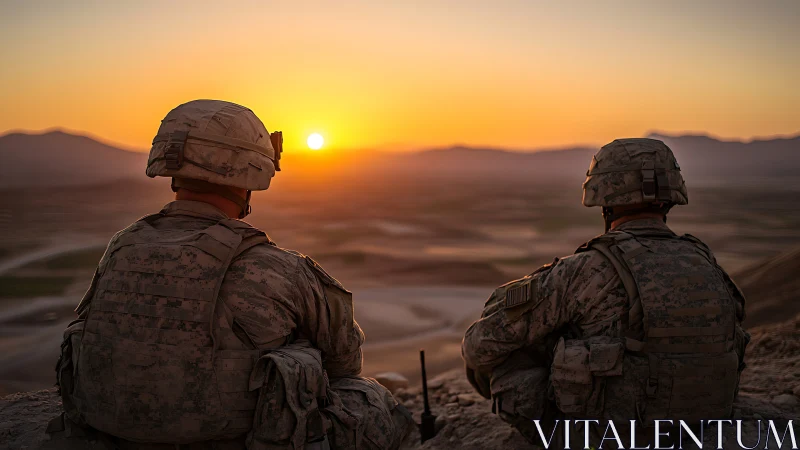 Armored soldiers observe desert valley under warm sunset glow