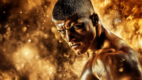 Fierce fighter turns through glowing sparks and rising heat