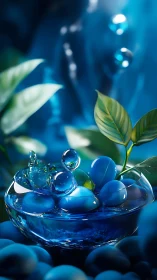 Glass bowl cradles sapphire stones under liquid light glow.