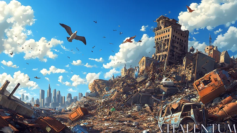 Sunlit ruins and soaring birds over a dreaming cityscape.