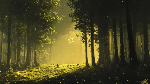 Forest pathway with golden light and particle effects through tall trees.