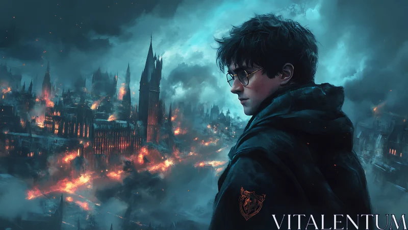 Hooded youth observing burning gothic cityscape at night.