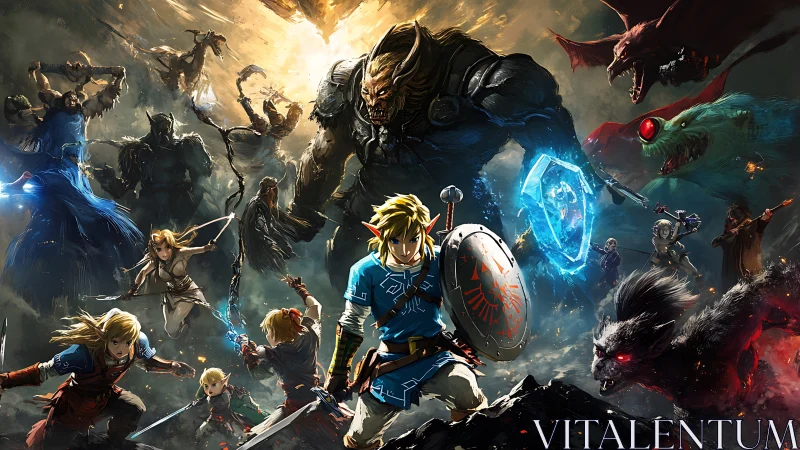 Dynamic fantasy battle tableau with heroic melee convergence.