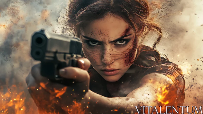Fierce heroine charging through fire with unshakable focus.