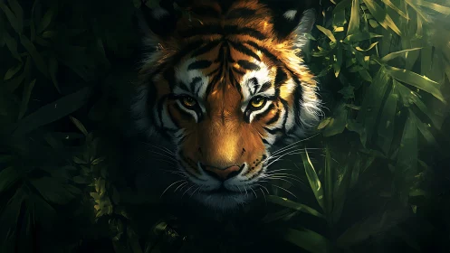 Golden-eyed tiger gazes calmly from deep emerald jungle