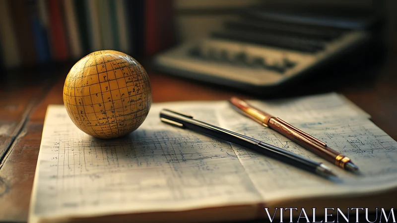 Desk with vintage globe, engineering notes, and pens.