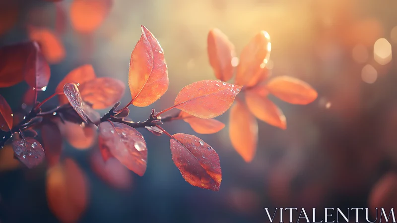 Close-up branch with wet orange leaves in soft sunlight.