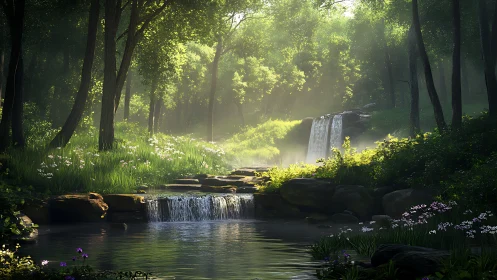 Enchanted Forest Sanctuary with Cascading Waterfalls.