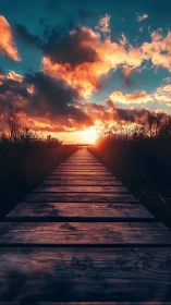 Linear boardwalk vanishing toward a high-saturation sunset horizon.
