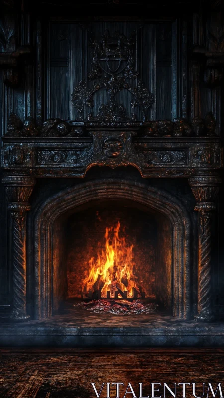 Ornate fireplace with active flames and sculptural mantelpiece
