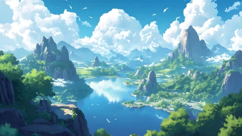 Sunlit mountain lake valley opens into a calm blue horizon