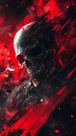 Skull-headed figure in red and black digital abstraction.