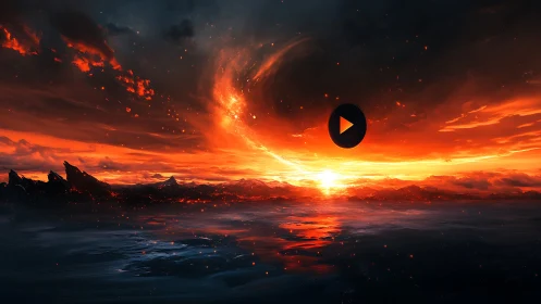 Apocalyptic ocean horizon glows beneath swirling cosmic fire