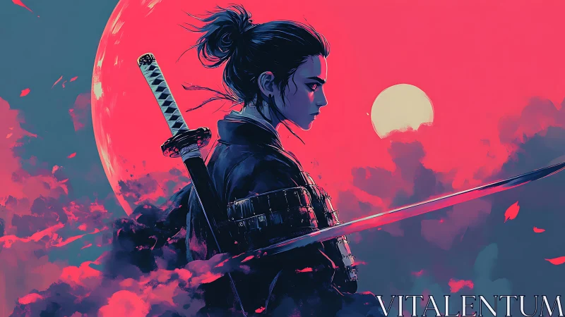 Samurai profile with drawn katana against dual moons.