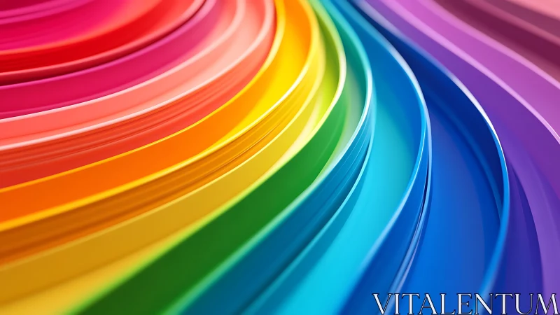 Curved rainbow colored strips form layered flowing arcs