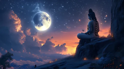 Meditating deity overlooks luminous moonlit twilight sky.