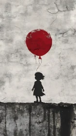 Silhouette child beneath distressed red balloon on aged wall
