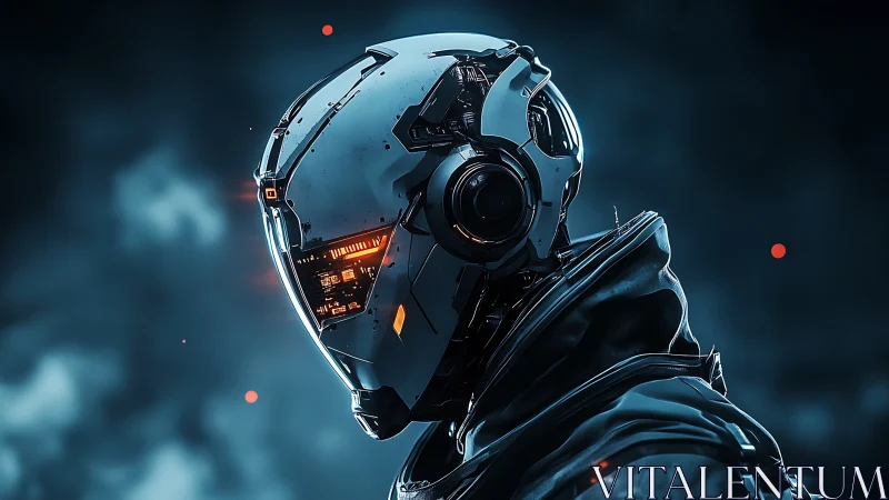 Solitary cybernetic sentinel watches over a neon-tinted void