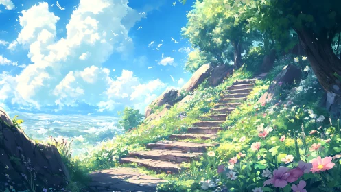 Sunlit garden steps leading toward a peaceful sky path.