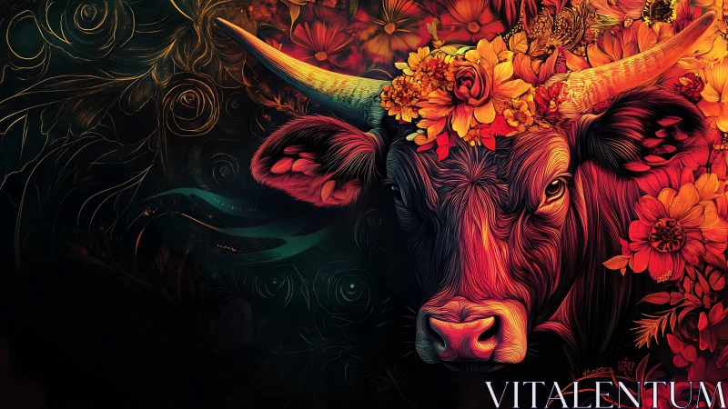 Floral crowned bull emerges from luminous abstract darkness