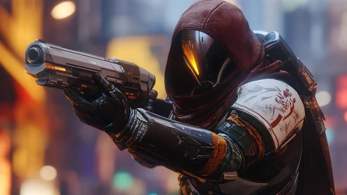 Hooded sci fi guardian aims a sleek pistol in neon city