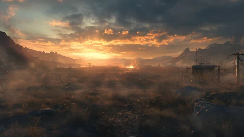 Post-apocalyptic desert plain under incendiary sunset light
