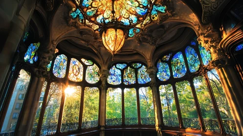 Stained glass gallery with ornate ceiling and sunset light.
