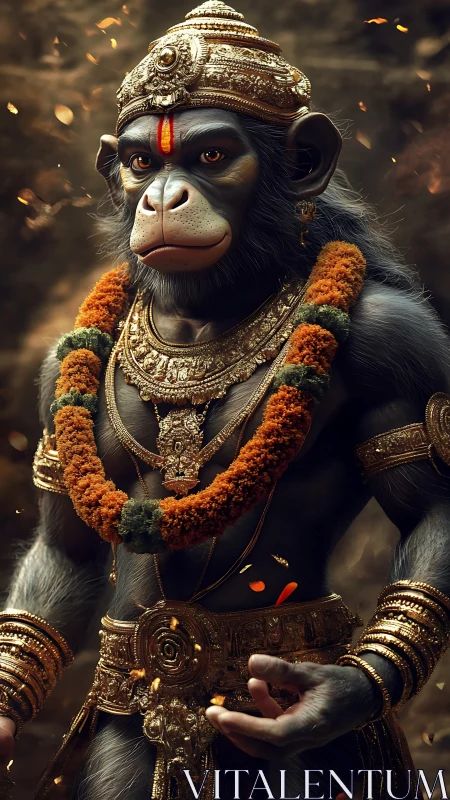 Regal monkey deity radiates calm strength in ornate gold armor