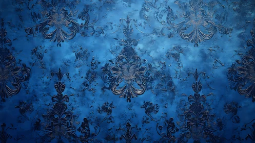 Blue damask pattern with embossed ornamental flourishes.