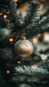 Golden Christmas bauble glowing softly in evergreen branches.