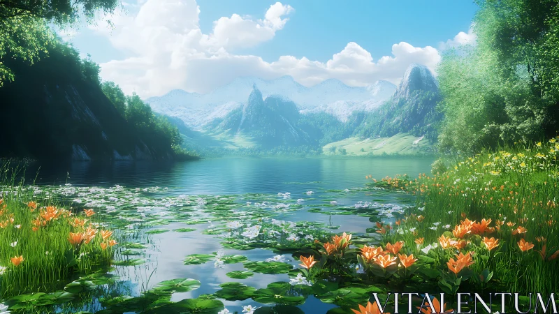 Alpine lake vista with lilies and wildflower shoreline panorama.