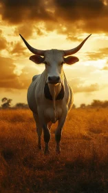 Longhorn cattle silhouette dominates golden savanna sunset.