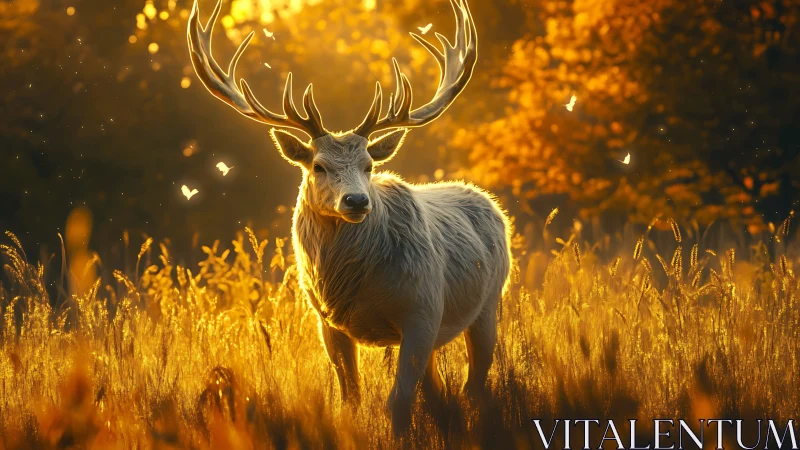 Backlit white stag in golden hour meadow with soft bokeh glow.