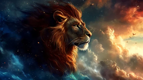 Majestic cosmic lion gazes across glowing nebula sky