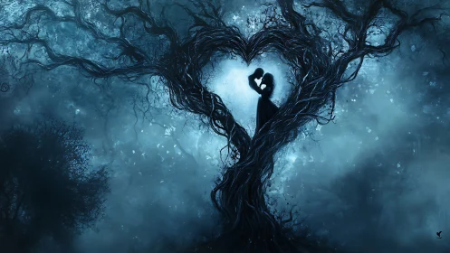Two figures embrace within gnarled heart-shaped tree silhouette