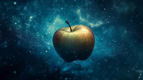 Cosmic apple drifting through starlit turquoise nebulae.
