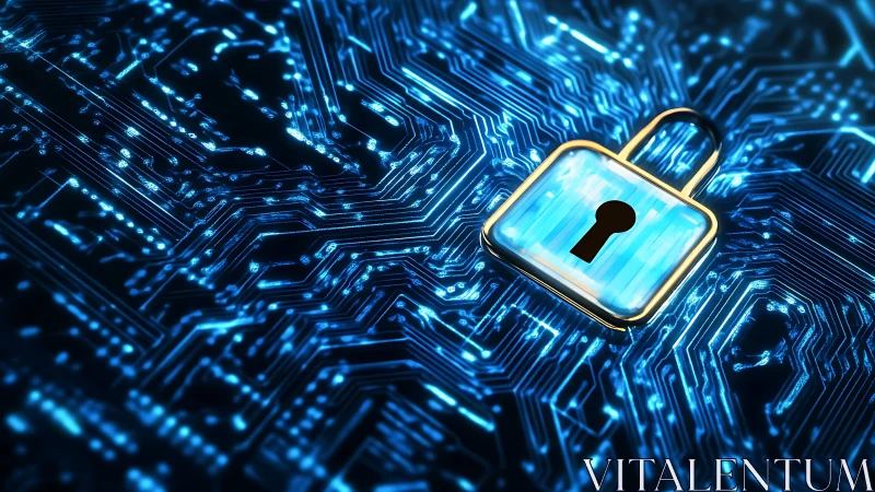 Encrypted data pathways with illuminated circuit lock icon.