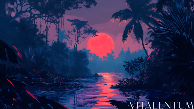 Neon pink moon rises over dense tropical river jungle
