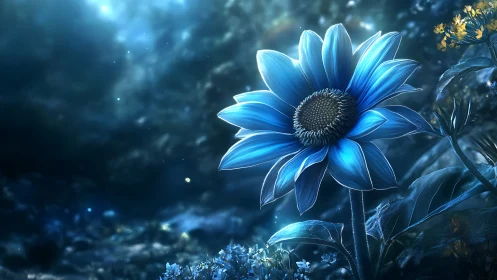 Blue flower in nocturnal luminescent environment.