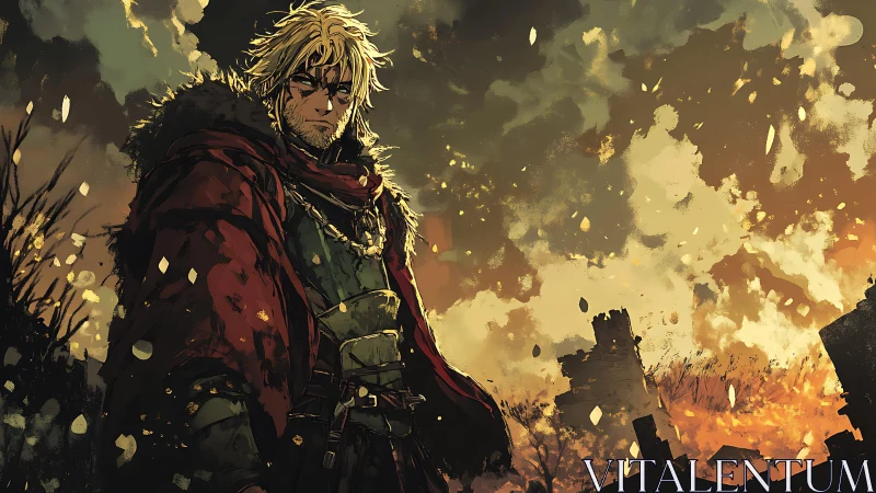 Warrior in tattered red cloak before burning fortress ruins.