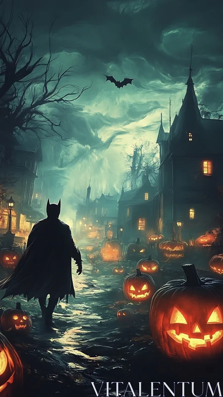 Shadowed vigilante wandering a jack o lantern haunted lane.