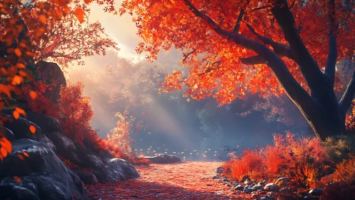 Autumn forest stream with red foliage and filtered daylight.