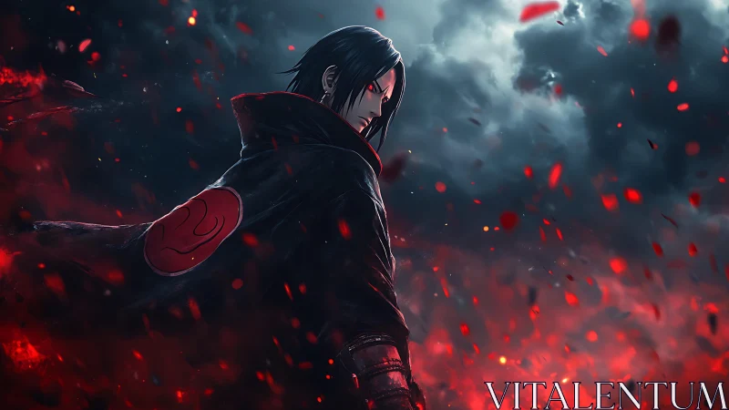 Stormlit anime warrior in crimson ember-strewn battlefield.