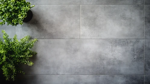 Soft greenery resting on calm gray stone tiles backdrop.