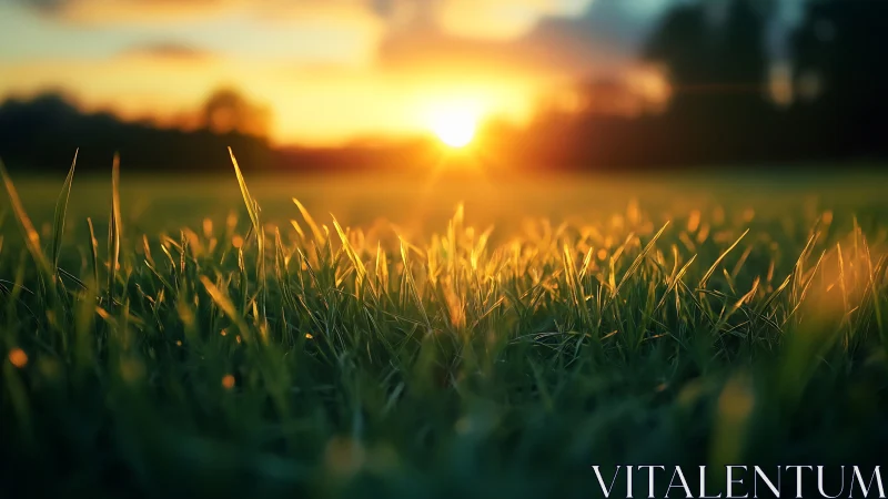 Close-up of green grass at sunrise, soft focus, warm light.